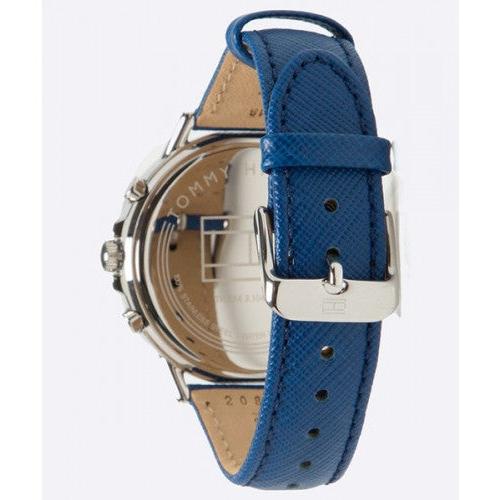 Tommy Hilfiger Mason watch case back showing tan leather strap backing and buckle