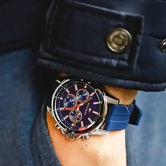 Tommy Hilfiger Mason blue chronograph watch worn on wrist