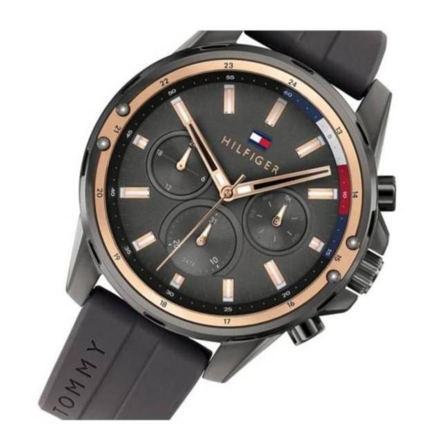 Front view of Tommy Hilfiger Mason chronograph with black dial and rose gold-tone bezel