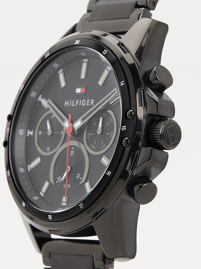 Side view of Tommy Hilfiger Mason chronograph watch with black dial