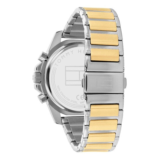 Tommy Hilfiger Mason chronograph watch caseback showing two-tone steel and gold bracelet