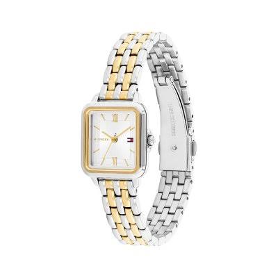 Tommy Hilfiger Mia watch shown from angled view displaying two-tone strap detail