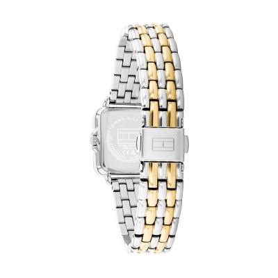 Side view of Tommy Hilfiger Mia watch caseback and two-tone bracelet