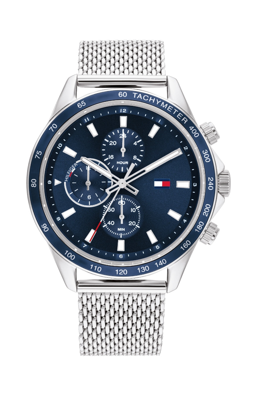 Tommy Hilfiger Miles men's chronograph watch with navy dial, silver mesh strap, and blue tachymeter bezel