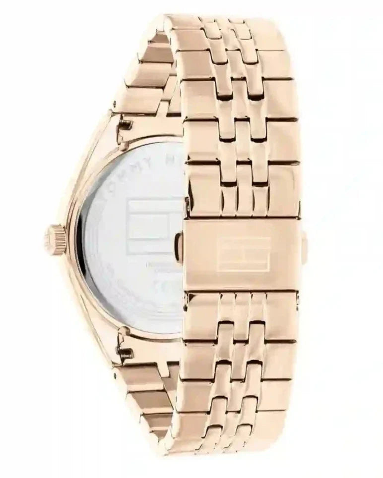 Tommy Hilfiger Monica watch side view showing rose gold-tone case profile and bracelet