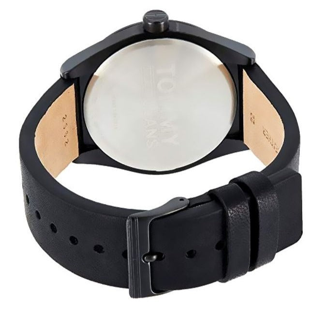 Tommy Hilfiger Monogram Pop watch caseback view showing black case and leather strap with buckle