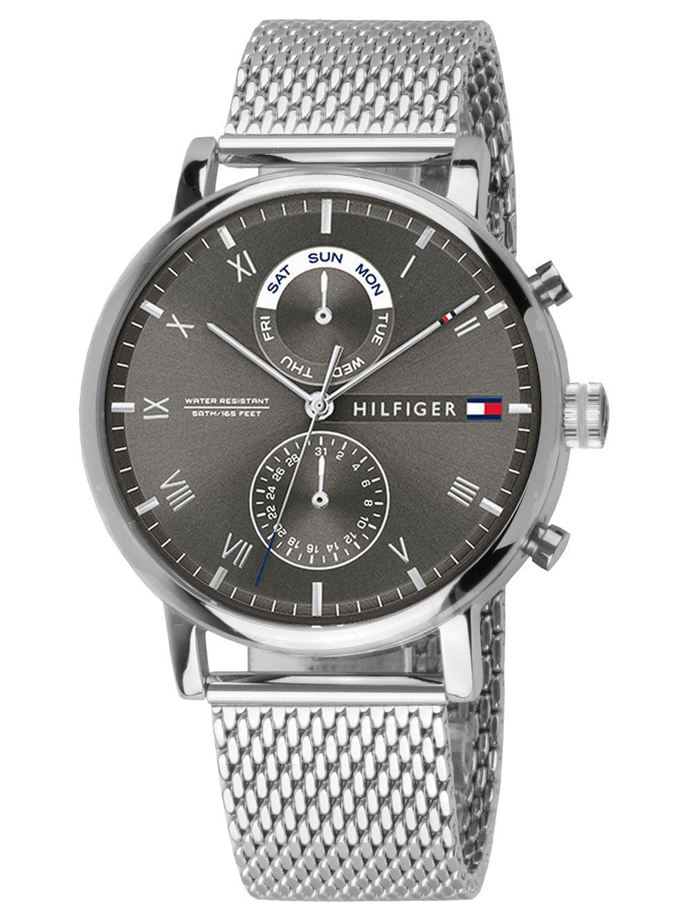 Tommy Hilfiger multi-dial chronograph watch with dark gray dial and stainless steel mesh strap