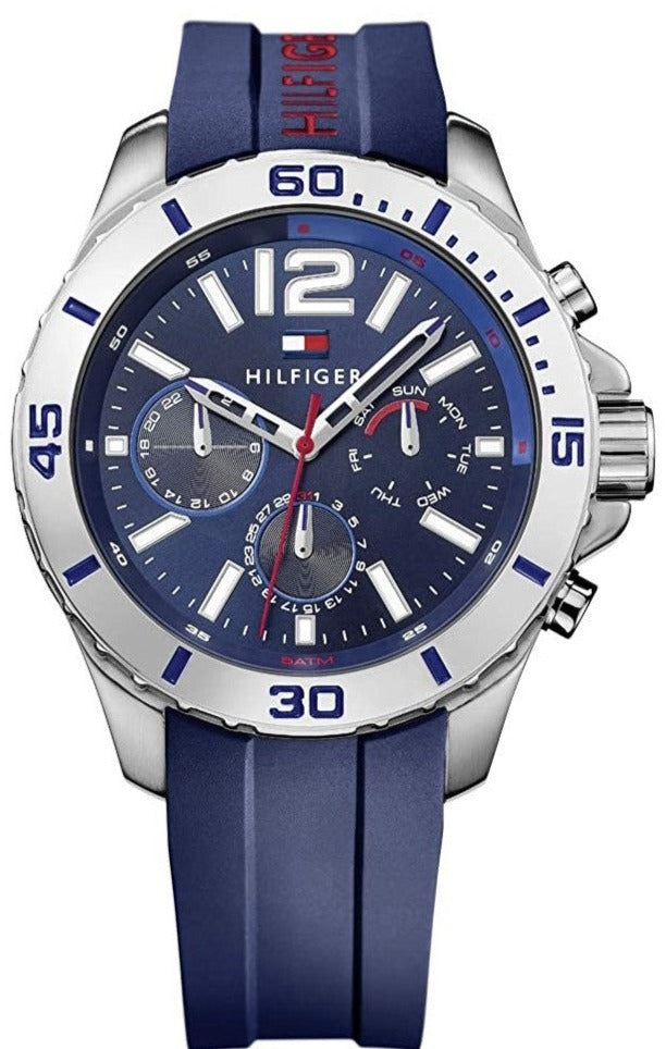 Tommy Hilfiger Nolan chronograph watch with blue dial and blue rubber strap