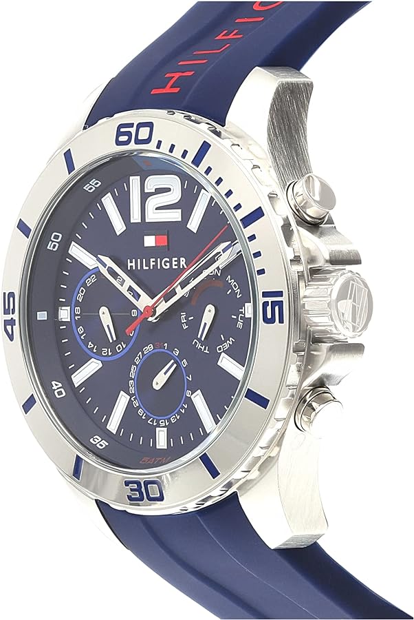 Side view of Tommy Hilfiger Nolan chronograph watch with blue rubber strap