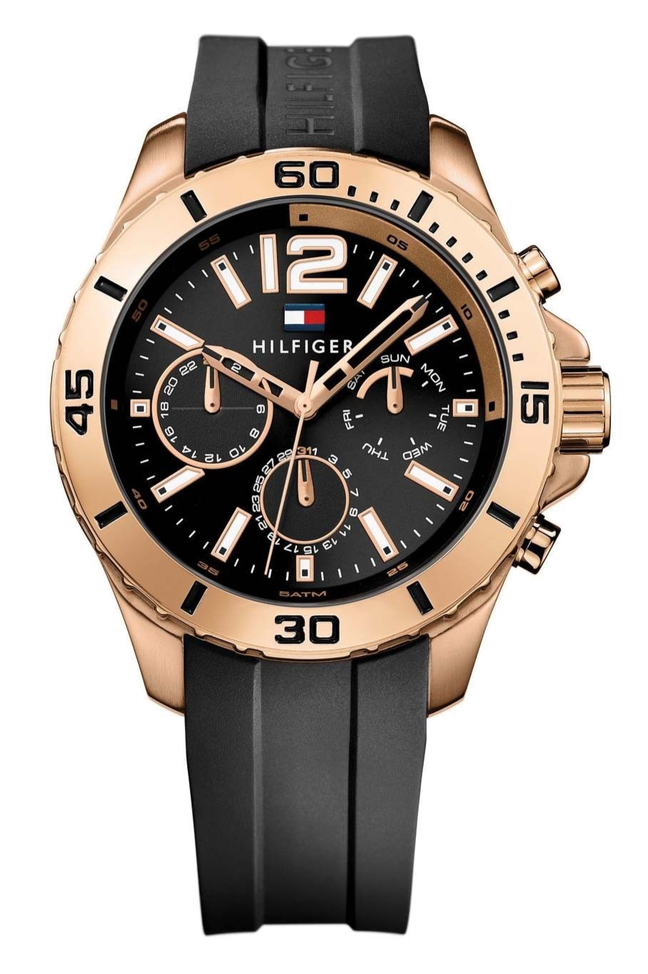 Tommy Hilfiger Nolan men's chronograph watch with rose gold case, black dial and black silicone strap