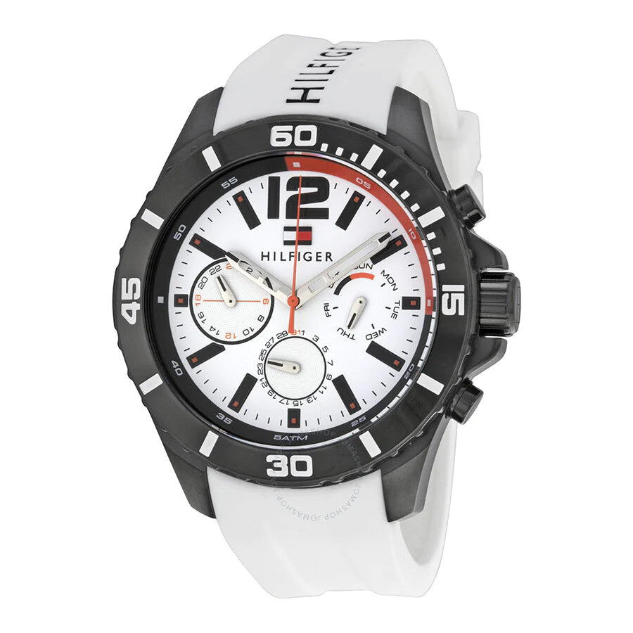 Tommy Hilfiger Nolan chronograph watch at angle showing white strap and black case