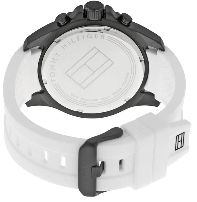 Caseback detail of Tommy Hilfiger Nolan 1791146 with white silicone strap visible