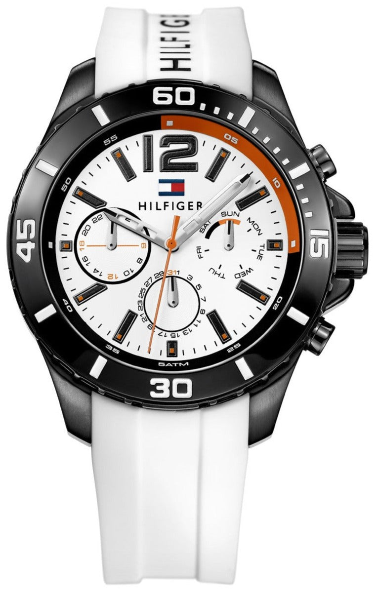 Tommy Hilfiger Nolan white dial chronograph watch with white silicone strap and black bezel
