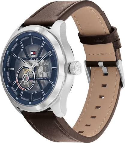 Side angled view of Tommy Hilfiger Oliver watch showing blue dial and brown leather strap