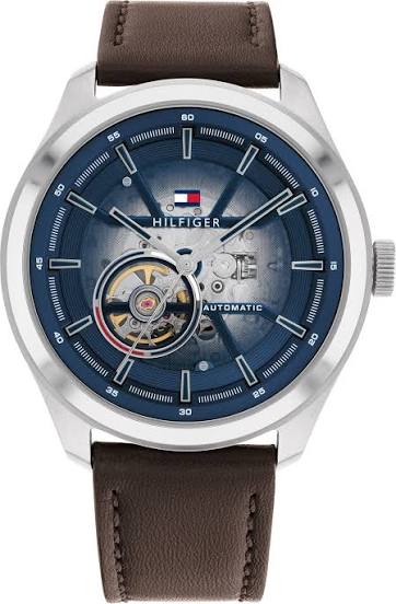Tommy Hilfiger Oliver automatic men's watch with blue dial, open heart window, and brown leather strap