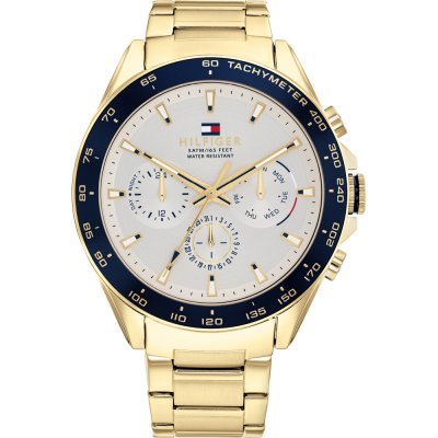 Tommy Hilfiger Owen gold men's chronograph watch with white dial and navy bezel
