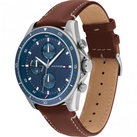 Side angle view of Parker chronograph showing brown leather strap with contrasting stitching and stainless steel case