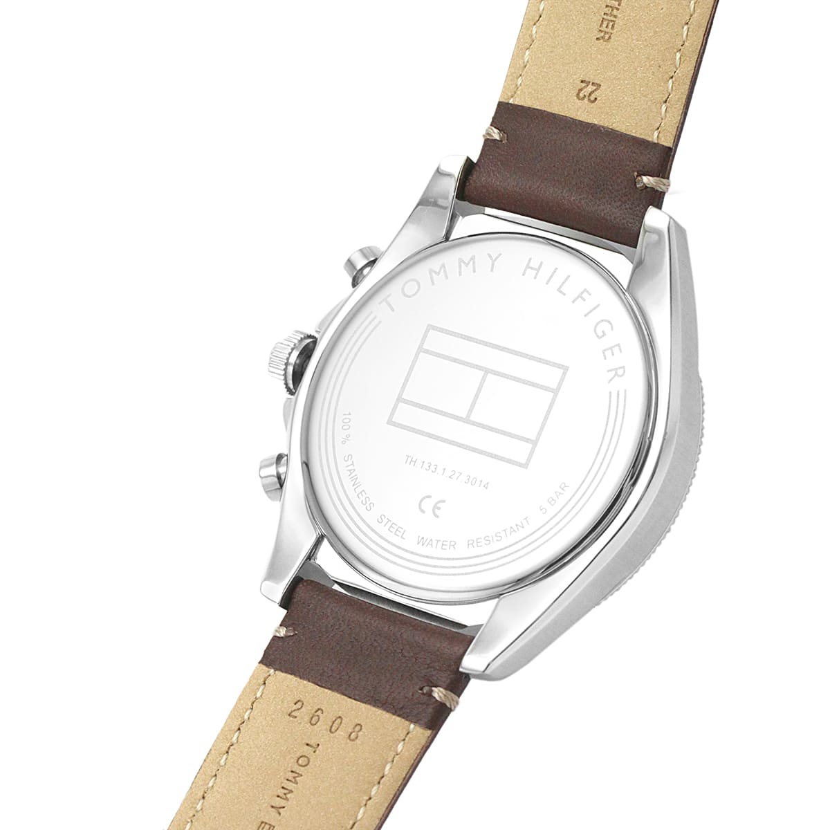 Caseback of Tommy Hilfiger Parker watch showing stainless steel with TOMMY HILFIGER branding