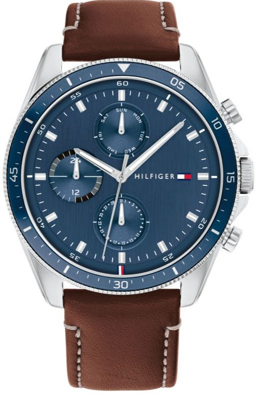 Tommy Hilfiger Parker chronograph watch with blue dial, stainless steel case, and brown leather strap