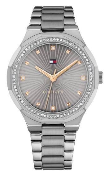 Tommy Hilfiger Piper women's analog watch with sunburst dial, crystal bezel, and stainless steel bracelet