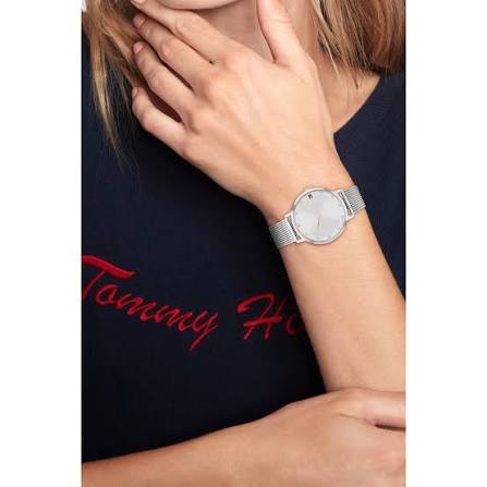 Tommy Hilfiger Pippa women's watch worn on wrist with stainless steel mesh strap