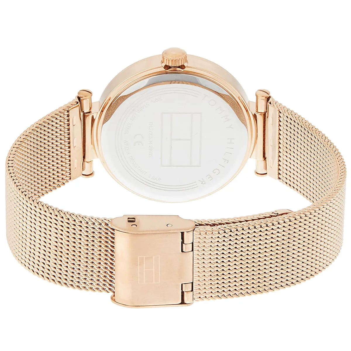 Tommy Hilfiger watch caseback showing stainless steel mesh construction and brand logo