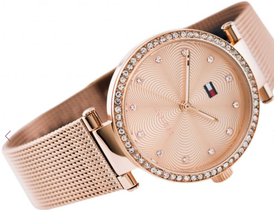 Three-quarter view of rose gold women's watch showing mesh strap and crystal bezel detail