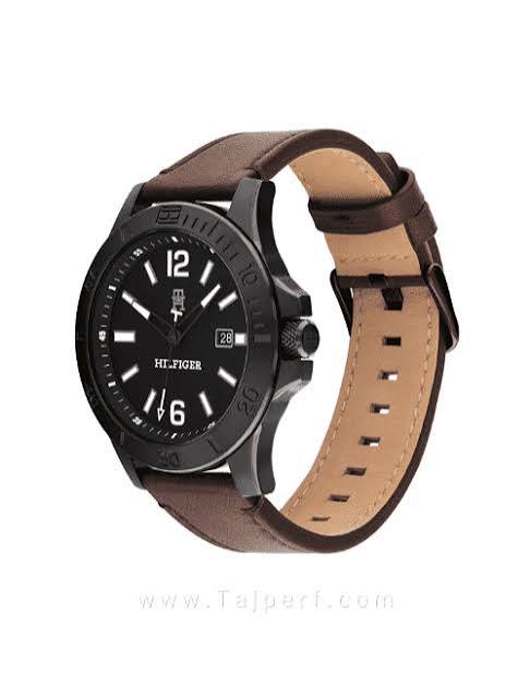 Tommy Hilfiger RYAN watch side view displaying black case profile and brown leather strap