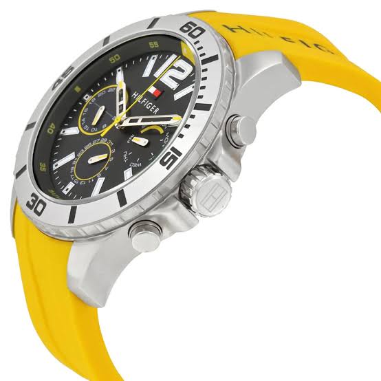 Three-quarter angled view of Tommy Hilfiger Shawn men's chronograph with yellow rubber strap