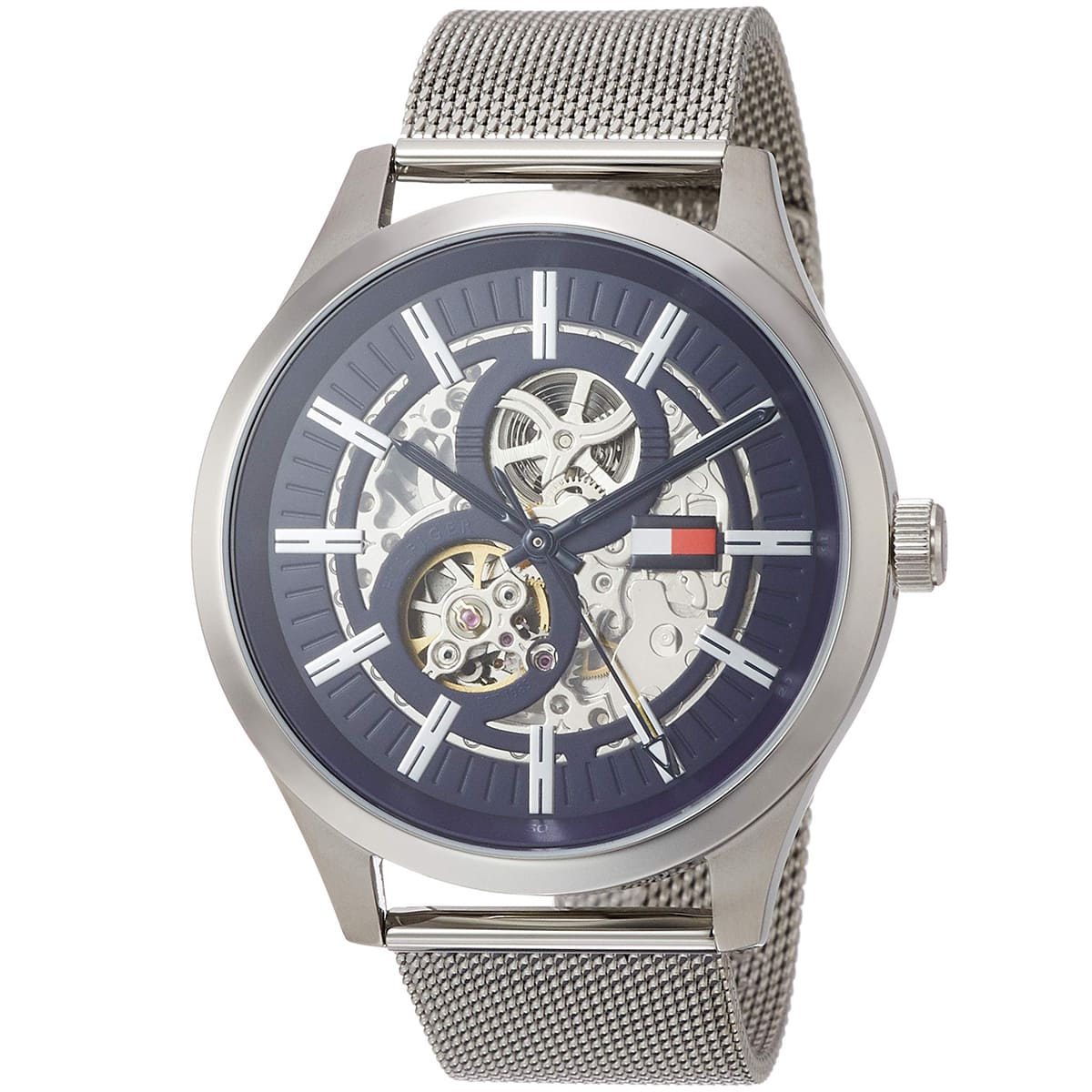 Angled view of Tommy Hilfiger Spencer showing skeleton dial and mesh strap