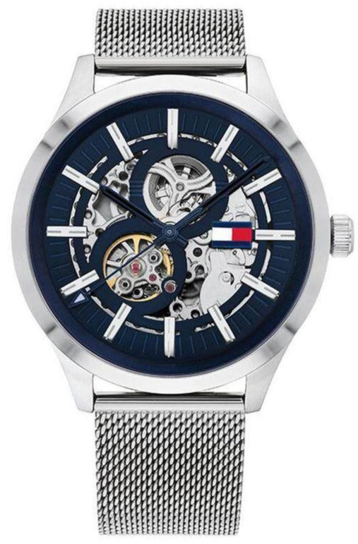Tommy Hilfiger Spencer men's watch with navy skeleton dial and silver mesh strap