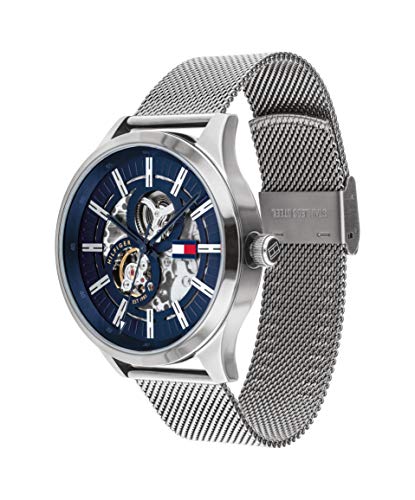 Tommy Hilfiger Spencer watch on wrist with navy dial and mesh band