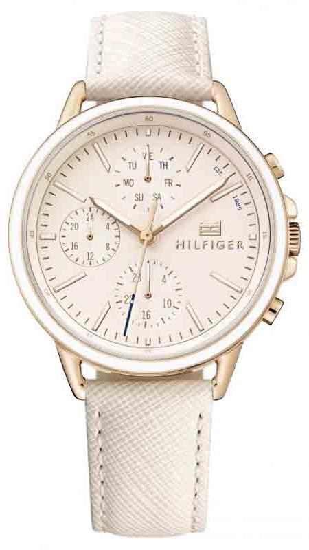 Tommy Hilfiger Sport women's watch with pink dial, rose gold case, and white leather strap