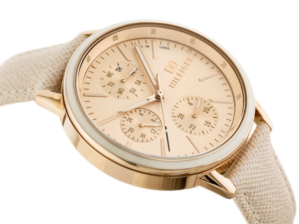 Tommy Hilfiger Sport women's chronograph watch angled view with rose gold case
