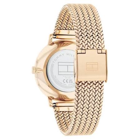 Back view of Tommy Hilfiger watch showing stainless steel mesh bracelet and case back