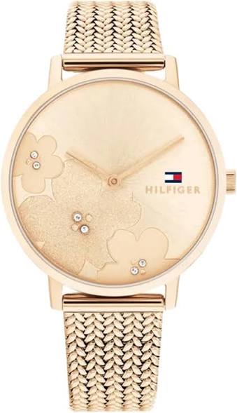 Tommy Hilfiger rose gold womens watch with mesh bracelet and floral dial design