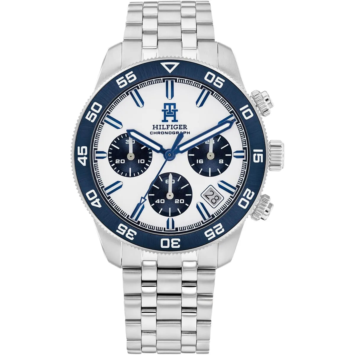 Tommy Hilfiger TH85 41mm chronograph watch with white dial and blue bezel