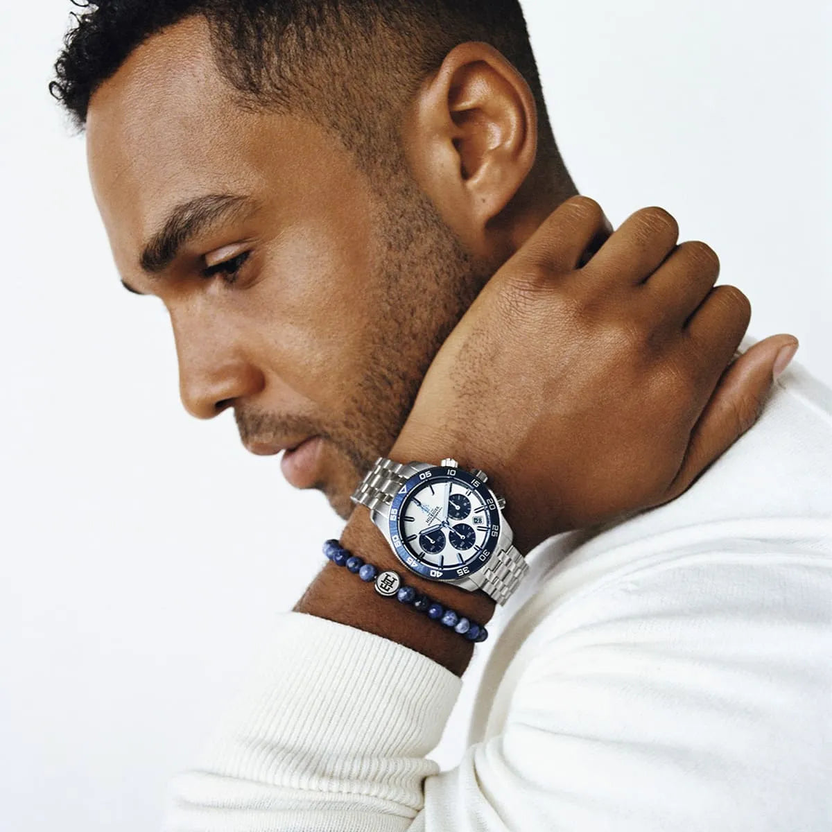Side profile of Tommy Hilfiger TH85 chronograph worn on wrist
