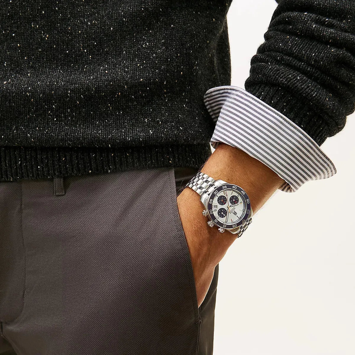 Tommy Hilfiger TH85 chronograph on wrist with formal attire