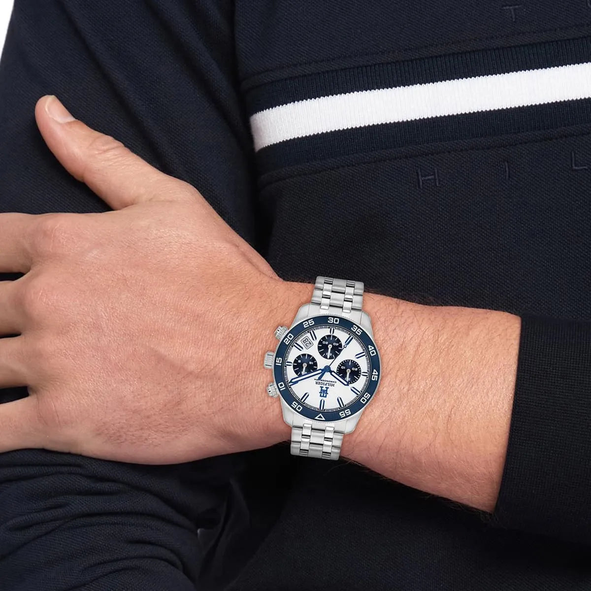 Wrist shot of Tommy Hilfiger TH85 chronograph with white dial