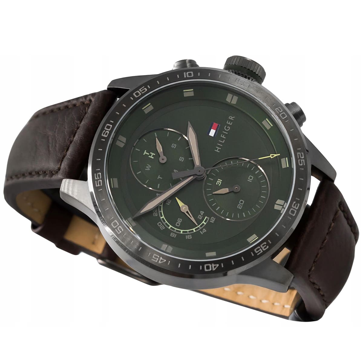Tommy Hilfiger Trent chronograph watch angled view with green dial and brown leather strap