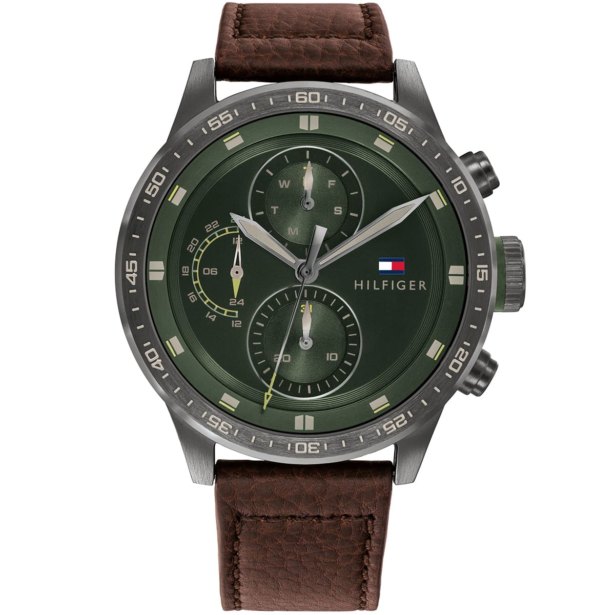Tommy Hilfiger men's watch with green dial and chronograph, gunmetal case, brown leather strap