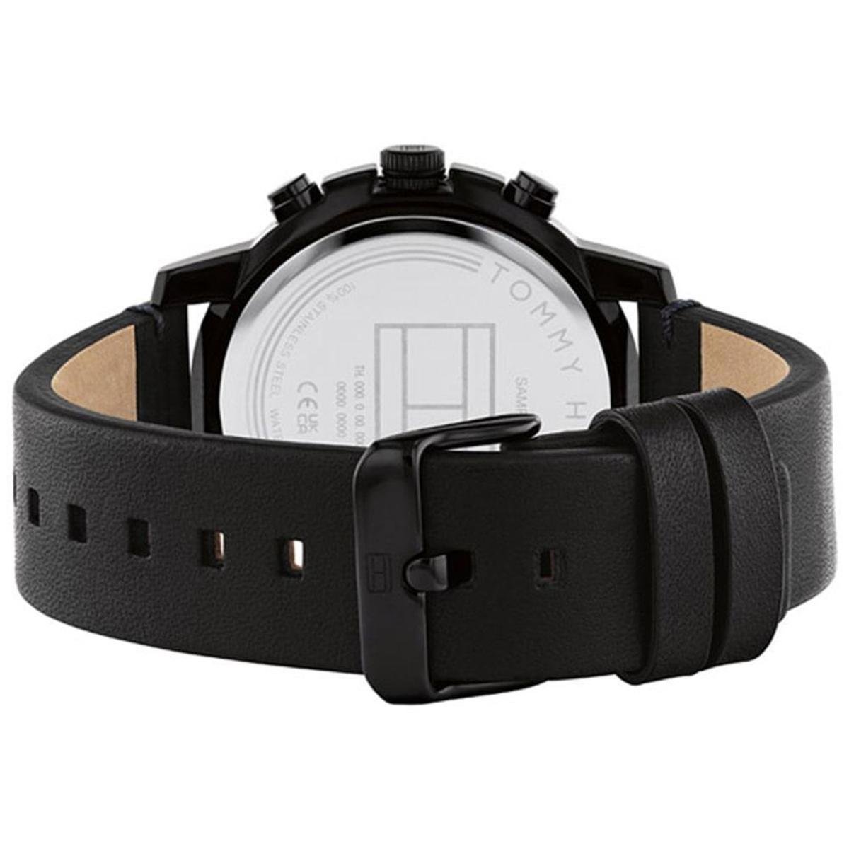 Case back of Tommy Hilfiger Troy watch with black leather strap and buckle clasp