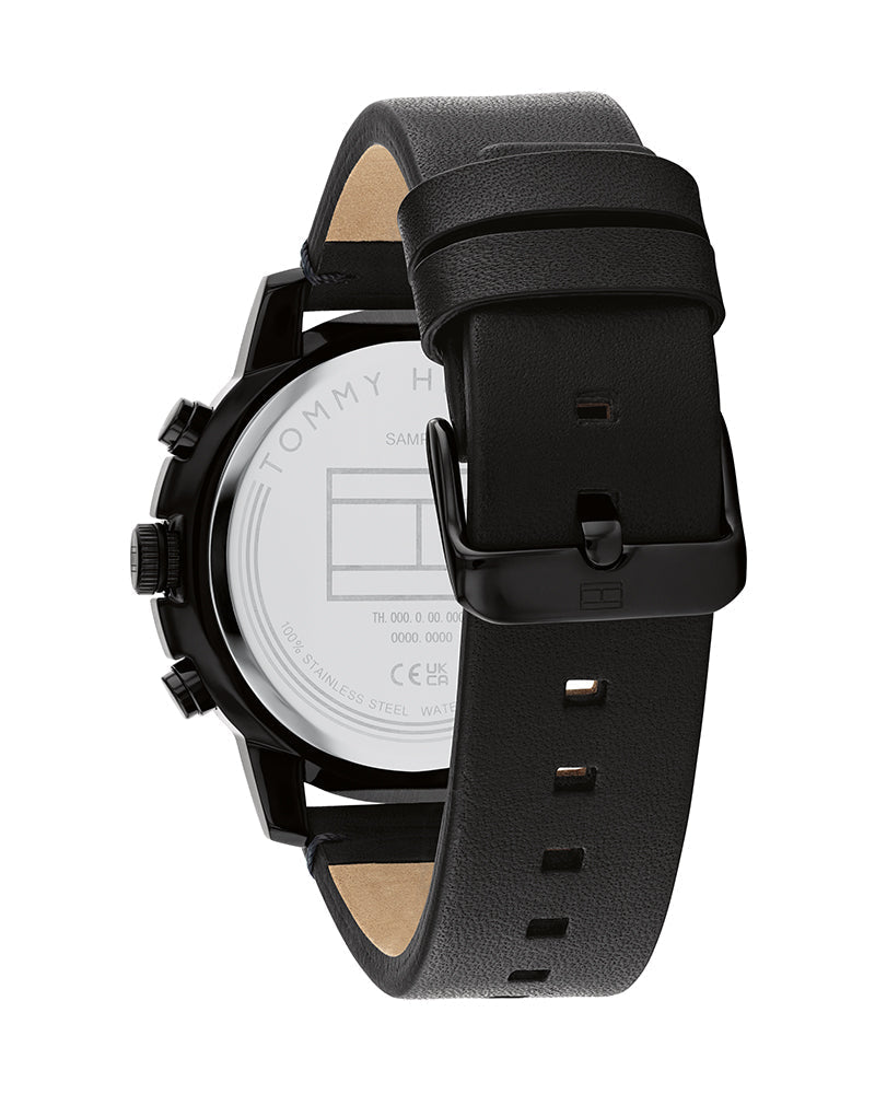 Black leather strap with stitched detail and adjustable buckle on Tommy Hilfiger Troy watch