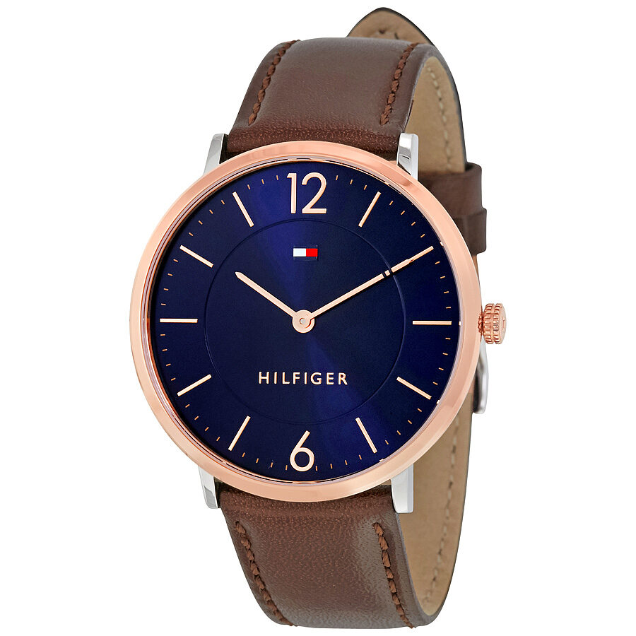 Tommy Hilfiger Ultra Slim men's watch with blue dial, rose gold and silver case, brown leather strap