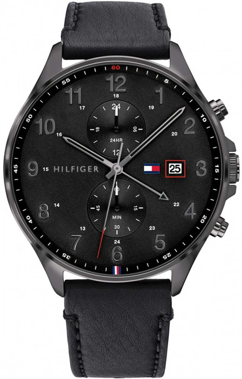 Tommy Hilfiger West chronograph watch with black dial and black leather strap