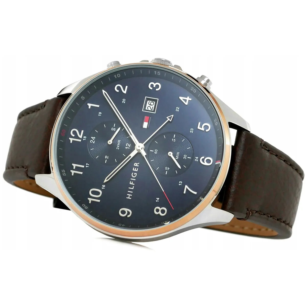 Close-up detail of blue dial with chronograph subdials and date window