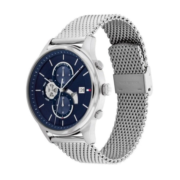 Angled three-quarter view of Tommy Hilfiger Weston mens chronograph watch with mesh strap