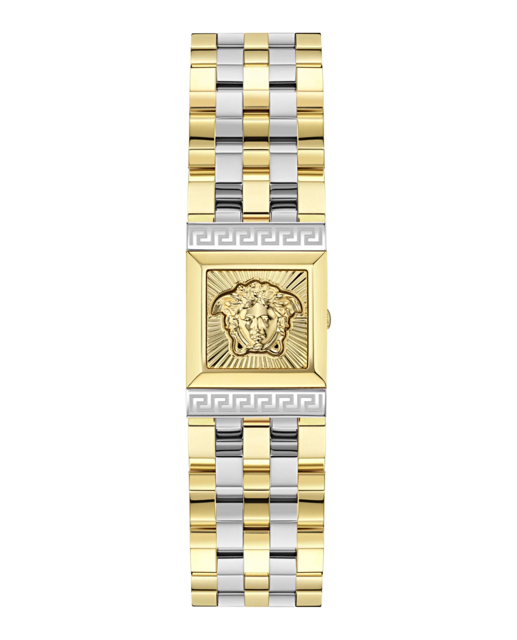Versace Reveal watch strap and bracelet detail showing two-tone gold and silver links