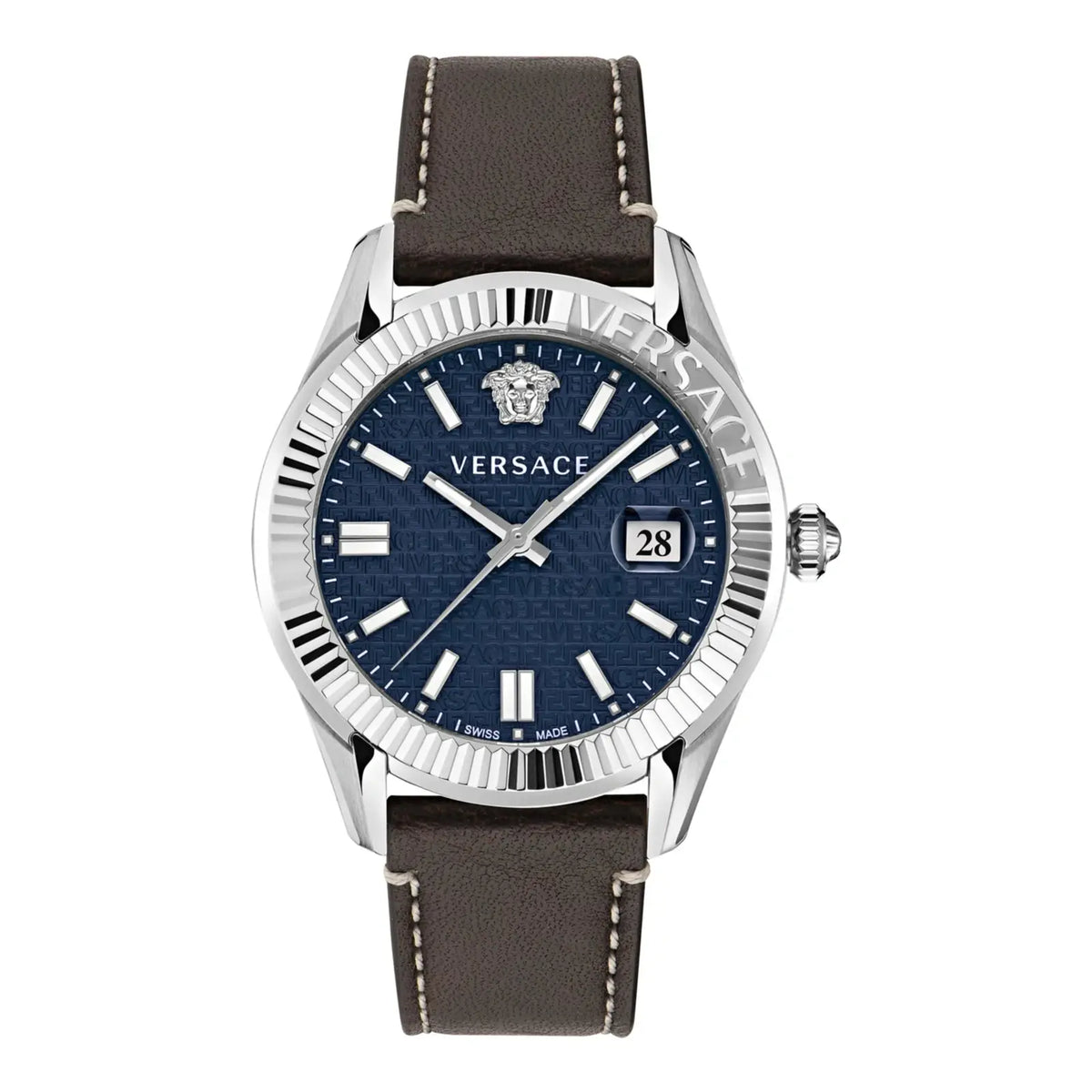 Versace Greca Time Quartz Blue Dial Brown Leather Strap Watch For Men - VE3K00122